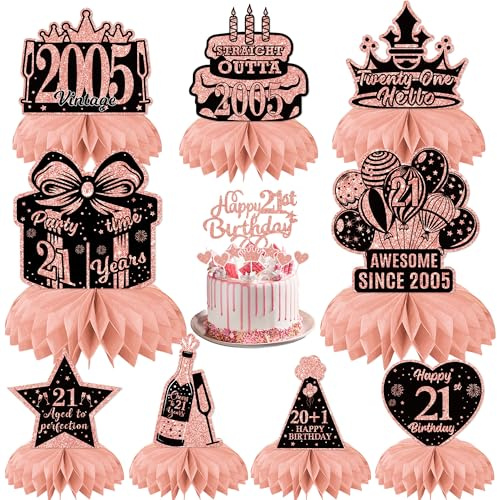 21st Birthday Party Table Decorations - Rose Gold Vintage 2005 Honeycomb Centrepieces and Cake Toppers, 17 Pcs Happy 21st Birthday Table Decorations for Her