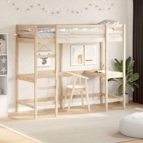 Holamys Hochbett mit Schreibtisch aus massivem Kiefernholz, 75x190 cm, platzsparendes Design, sichere Schutzgitter, ideal für Kinderzimmer, Jugendzimmer, Arbeitsbereich
