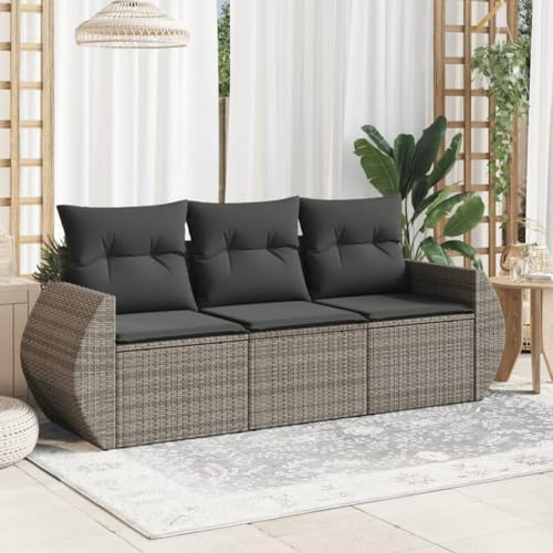 ACAGALA Gartenmöbel Set 3 Teilig, Polyrattan Sitzgruppe Set mit Kissen & wasserdichte Innentasche, 3 Sitzer Gartensofa, Outdoor Loungemöbel Sitzgruppe Garnitur Set mit Stauraum, Grau