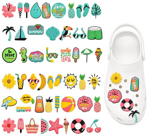 50 Pcs Summer Croc Charms Cute Shoe Decorations, Waterproof PVC Crocs Accessories Charms for Clog Shoes, Beach Holiday Gifts