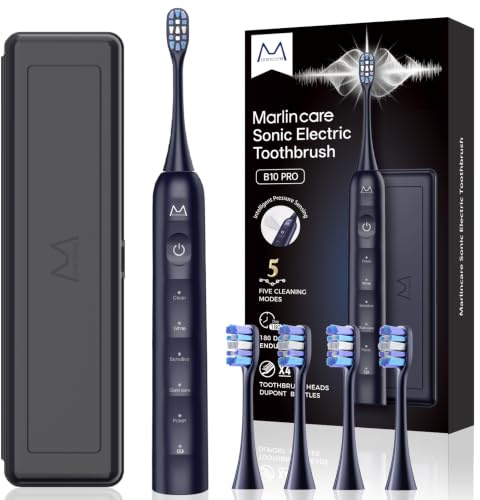 Marlincare Elektrische Zahnbürste, Schallzahnbürste mit 5 Putzmodi | Drucksensor, 48000VPM, 180 Tage Laufzeit, 4 Bürstenköpfen, Timer, Reisezahnbürste Elektrische mit Reiseetui (Blau)