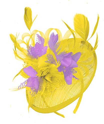 Caprilite Yellow and Lilac Sinamay Disc Saucer Fascinator Hat for Women Weddings Headband