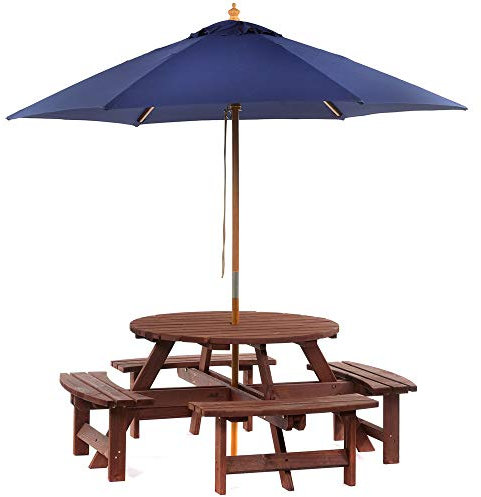 BrackenStyle Brown Picnic Pub Bench 8 Seater Round Wooden Garden Patio Table Thick Timbers Dip Treated With Parasol (Navy Blue)