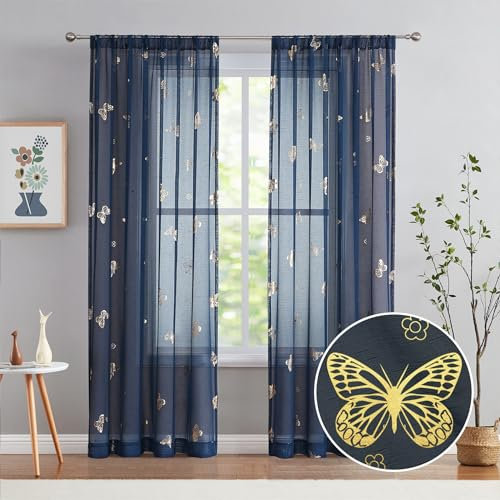 Jubilantex Durchsichtige Vorhänge mit Schmetterling, Marineblau, mit goldfarbenem Druckmuster, 213 cm lang, Kinderzimmer, Schlafzimmer, Voile, Leinenstruktur, Fenstervorhänge, 2 Paneele