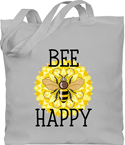 Baumwolltasche - Tiere Meerschweinchen Hase & Co. - Bee happy - schwarz - Unisize - Hellgrau - geschenk bienenfreund tiermotiv bees beutel geschenke für bienenfreunde animal biene bag tiermotive