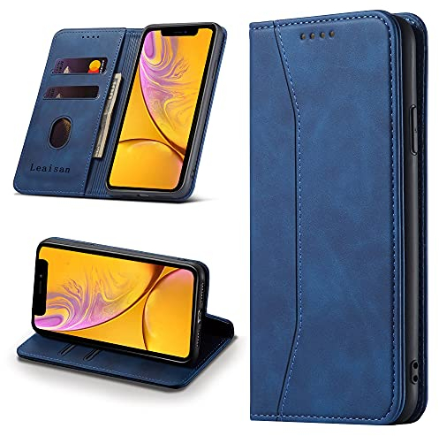 Leaisan Handyhülle für iPhone XR Hülle Premium Leder Flip Klappbare Stoßfeste Magnetische [Standfunktion] [Kartenfächern] Schutzhülle für iPhone XR Tasche - Blau