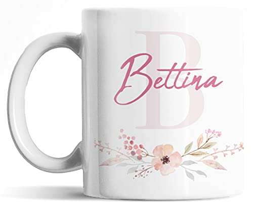 Tasse personalisiert mit Initiale und Namen, personalisierte Namens-Tasse, persönliche Geschenke Kaffee-Tasse mit Namen, weiß Keramik-Tasse mit Blumen