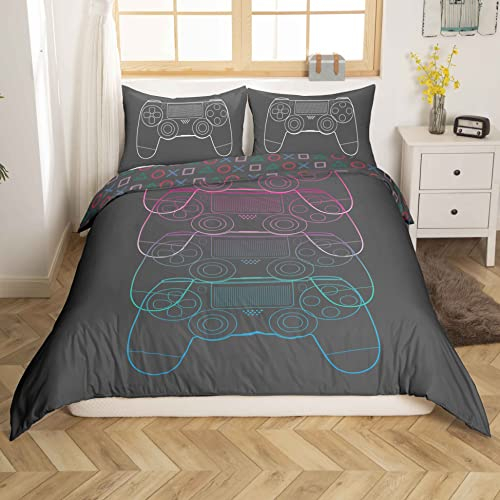 Spiel Bettwäsche Jungs 135x200cm Gaming Gamepad Bettwäsche-Set Grau Jugendliche Männer Modern Gamer Bettbezug mit 1 Kissenbezug Farbige Linien Videospiel-Controller-Aktionstasten Bettwäsche Kinder
