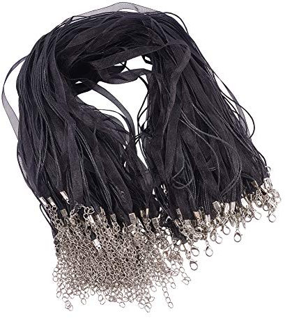 arricraft 100 Pcs Black Multi-Strand Organza Ribbon Necklace Cord, 45cm 3 Loops Waxed Cotton Cord Chains with Lobster Clasps and Iron Chains for Jewellery Making