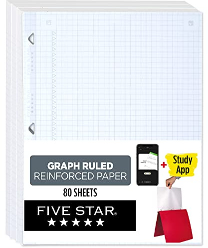 Five Star Loose Leaf Paper + Study App, 3 Pack, Notebook Paper, Graph Paper, Reinforced Filler Paper, Fights Ink Bleed, 8.5 x 11, 80 Sheets per Pack (170027)