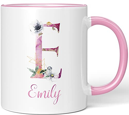JUNIWORDS Tasse, Emily, Name Anfangsbuchstabe Initial Alphabet Floral Buchstabe E Monogramm Motiv, Rosa (5506561)