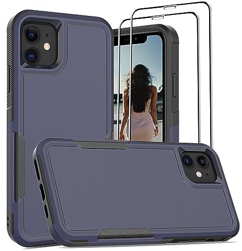 Jeylly 3 in 1 Case for iPhone 11 with 2 Screen Protector Heavy Duty Dual Layer Hard PC Matte Texture & Silicone Bumper Slim Fit Full-Body Protective Phone Case for iPhone 11 6.1-inch, Navy Blue