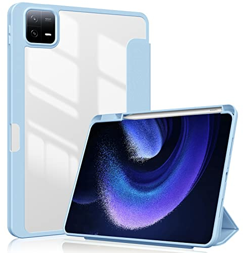 ProtUTab Case Compatibale with Xiaomi Pad 6/Pad 6 Pro Case 11.0 inch, Auto Wake & Sleep Slim Trifold Stand Case Cover with Pencil Holder, Clear Trasparent Back Shell Csae, Blue