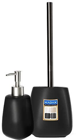 KADAX 2-teiliges Badezimmer Set aus Keramik, Badaccessoires, Badzubehör, Seifenspender, Badezimmerbecher, Seifenschale und WC-Bürste (Bürste&Spender Schwarz)