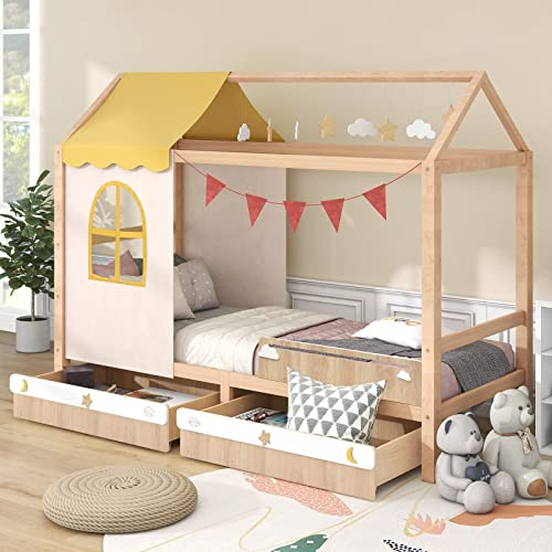 Einzelbett für Kinder, Massivholzbett Vintage Natürlich mit Stoffvorhang und Dekoration mit Wolken- und Sternanhänger Schlafzimmer Bett Bett 90X200