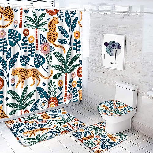 Lot de 4 rideaux de douche minimalistes avec tapis antidérapants, housse de couvercle de toilette et tapis de bain, motif léopard du milieu du siècle, feuilles de palmier, feuilles de palmier, animaux