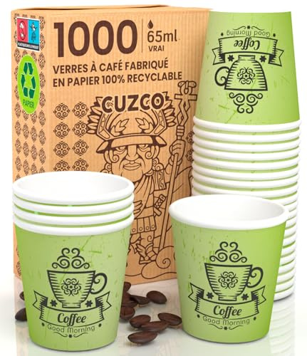 Eurocali CuzcoGreenCUP 1000 Tasses à café en papier, 65 ml, écologiques et biodégradables, à emporter, pour boissons chaudes