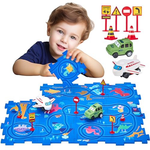 hahaland Auto Spielzeug Autorennbahn 12 PCS DIY Dinosaurier Puzzle Bahn Spielzeug ab 3 Jahre, Autobahn Kinder Montessori Spielzeugauto,Toy Track Kinderspielzeug ab 3 4 5 6 Jahre Junge Mädchen