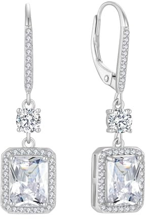 FJ Quadrat Prinzessschliff Hängend Ohrringe Damen 925 Sterling Silber Solitaire Halo Cubic Zirkonia Ohrringe April Geburtsstein Schmuck Geschenke für Frauen