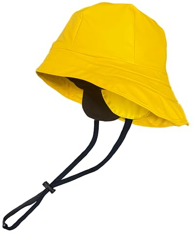 Toutacoo Regenhut, wasserdicht, Unisex, Gelb, breite Krempe, mit Kinnriemen und Ohrenschutz, innen Fleece (02- Gelb)