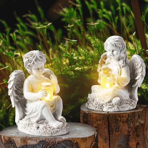 2 Pack Outdoor Angel Statue Garden Decor, Solar Angel Figurine Decoration