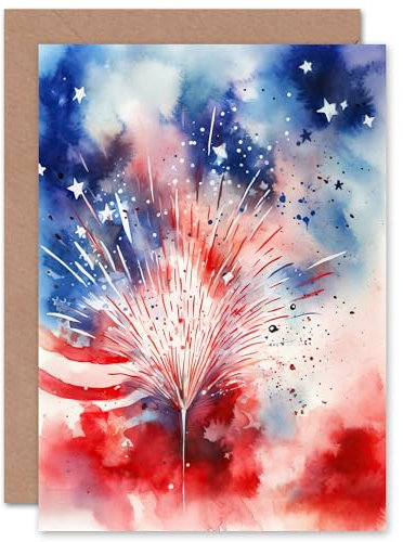 Artery8 Stars Stripes Fireworks 4th of July Independence Day USA for Him or Her Man Woman Thank You Congratulations Blank Art Greeting Card
