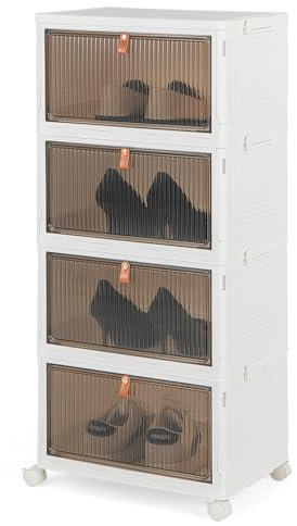 GOPLUS Aufbewahrungsbox mit Deckel, Stapelbare Ordnungsbox mit Türen, Transparent Klappbox mit Rollen, Schuhboxen Ordnungsboxen für Wohnzimmer & Schlafzimmer (4 Ebenen)