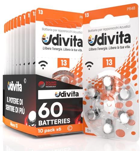 60 Hearing Aid Batteries Size 13 Udivita Phono Pulse Technology - 10 Blisters of 6 Batteries