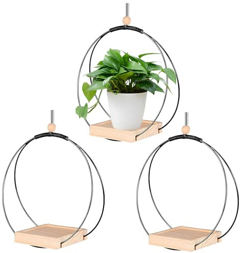 3er Set Metall Hängende Pflanzgefäßhalter Decke Blumentopf Regal Pflanzenhänger mit Holzsockel Mehrzweck Hängende Schwebende Pflanzgefäß Regal für Fenster, Balkon, Heim/Büro Dekor (Schwarz)