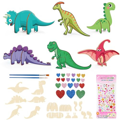 DKINY 3D Dinosaurier aus Holz 6PCS Dino Bastelset für Kinder DIY Drachen zum Basteln & Bemalen Kreativset Bastelbedarf Dinosaurier Spielzeug Geschenk für Junge Mädchen Geburtstag Kindertag Einschulung