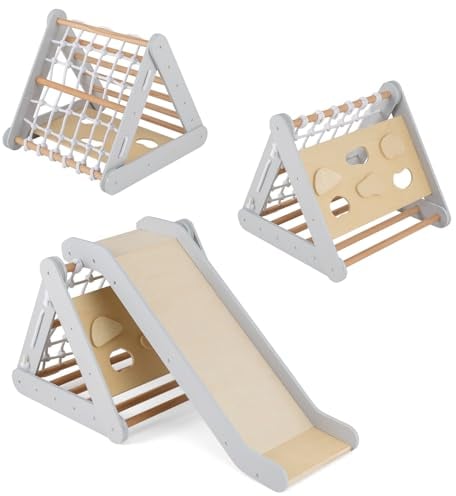 COSTWAY 4 in 1 Kletterdreieck mit Rutsche, Klettergerüst aus Holz, Sprossendreieck zum Rutschen und Klettern, für Kinder ab 1 Jahre (Grau)
