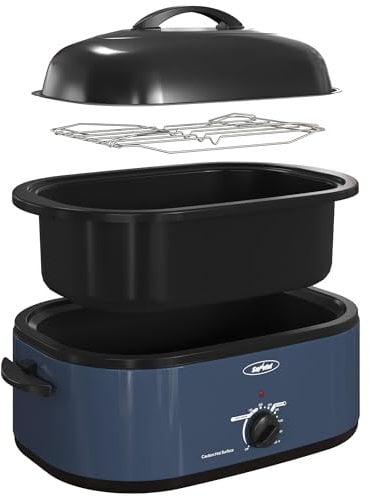 Royalcraft Roaster Oven with Self-Basting Lid, 18qt Electric Roaster with Removable Pan & Rack, Turkey Roaster Oven with Defrost & Warm Function, Stainless Steel, Blue