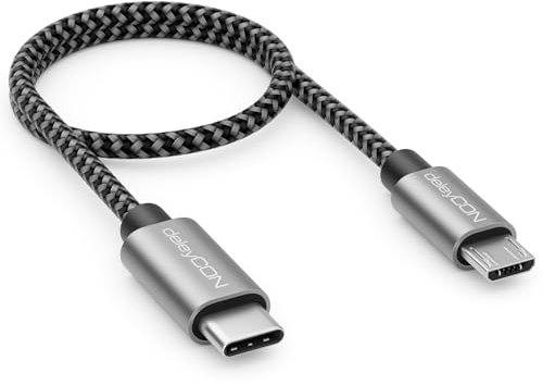 deleyCON 0,30m USB C a Micro USB Cable Adaptador 30cm Corto - Cable de Carga y Cable de Datos en Ambas Direcciones - Compatible con Teléfono Móvil Smartphone Tablet Cargador Portátil etc. - Negro