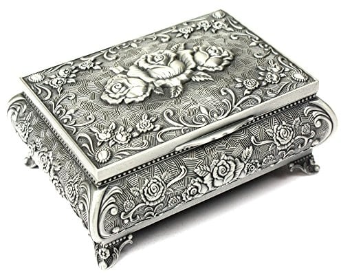 H&S Silber Antik Schmuckkästchen - Retro Schatulle für Halsketten & Ringe - Vintage Schmuckschatulle mit Gravur und Weichen Samt Innen Futter - Metall Schmuckkästchen Alt - Antique Deko Design