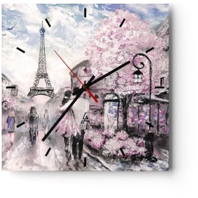 Modern Wanduhr Paris Weg Illustration Eiffle 30x30cm Quadrat Klein Wand Uhr Glas Analog Zimmeruhren Küche Büro Wohnzimmer Glasuhr Wall Clock Dekoration Design Wanddekoration Küchenuhr C3AC30x30-3149
