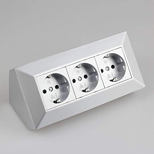 Steckdose Silber für Küche und Büro - Ecksteckdose aus hochwertigem Kunststoff ideal für Arbeitsplatte, Tischsteckdose oder Unterbausteckdose mit 3-fach Steckdosenelement Küchensteckdose