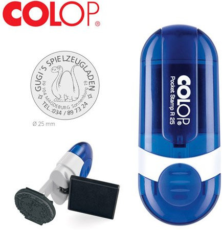 COLOP Pocket Stamp R 25 rund Taschenstempel | Stempel mit Wunschtext | Taschenstempel als Namensstempel Adressstempel & Co | Ø 25 mm - 4 Zeilen Gehäusefarbe blau