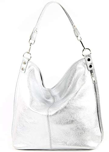 modamoda de - T177 - ital. Damen Schultertasche aus Leder, Farbe:Silber