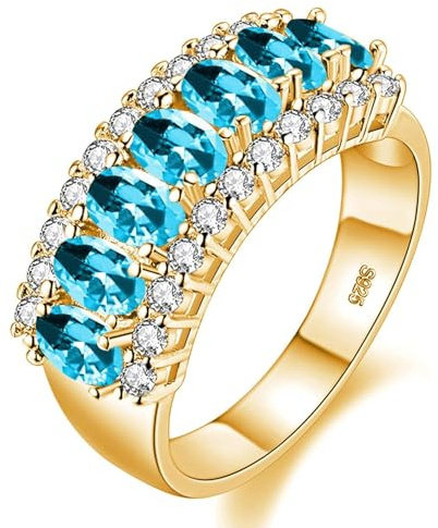 Uloveido Zarter 7-Steine Geburtssteinring, Oval geschliffener Blauer Kristall Ehering Jubiläumsring Party Ballring für Damen J501 (Hellblau, Größe 19)