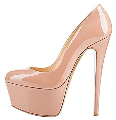 Only maker Damen High Heels Plateau Pumps Slip on Stiletto Elegante Extrem Hohe Damenschuhe Lack Beige 36 EU