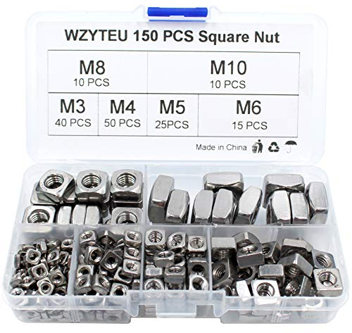 WZYTEU 150 Pezzi Dadi Quadrati, Acciaio Inossidabile 304 Dado Quadrato per Profili in Alluminio, Lavorazione del Legno, Macchina, Mobili, con Scatola Portaoggetti(M3 M4 M5 M6 M8 M10)