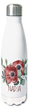 GRAZDesign Trinkflasche Edelstahl personalisiert Name, auslaufsicher Einschulung Geschenk, Thermosflasche Sportflasche Kinder/Erwachsene 500ml Motiv Mohnblumen
