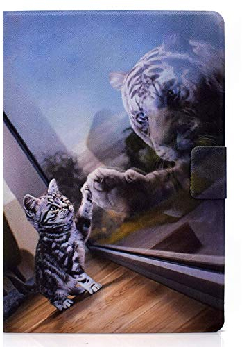 Bspring Compatible Coque pour iPad 10.2 inch 2020/2019 8è/7ème génération/iPad Air 3rd 10.5/iPad Pro 10.5 2017 Cuir Folio Case Housse Étui avec Support Fonction Veille/Réveil Automatique,Chat & Tigre