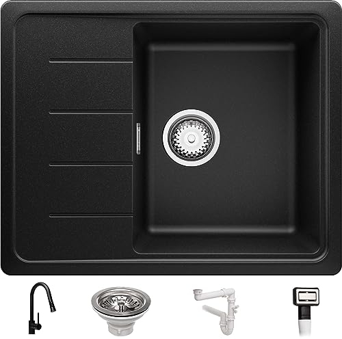 PRIMAGRAN Spülbecken Schwarz 62x50cm, Spülbecken 1 Becken + Küchenarmatur 40x20cm + Zuberhor-Set, Küchenspüle ab 45er Unterschrank - Kopenhagen S222