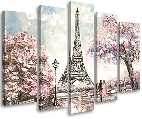 Feeby Leinwandbild 5-teilig 200x100 cm Frankfurt Deutschland Fluss Horizont Bild Wanddeko Wand Bild Kunstdruck Deko Wohnzimmer Himmel Nacht Lichtreflexionen Stadt Gelb