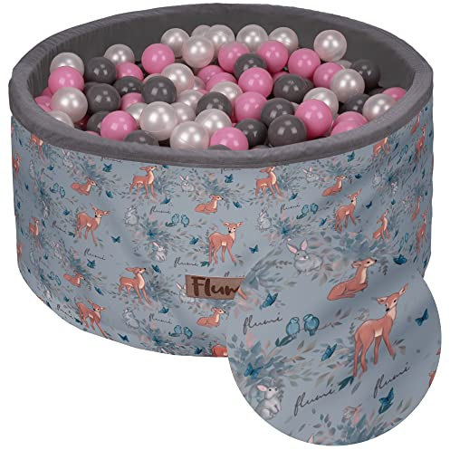 Flumi Personalisierte Bällebad Baby ab 1 Jahr - Bällepool Kinder 90x40cm mit 200 Bällebad Bälle ∅ 7cm in EU hergestellt - Oeko-TEX und CE-Zertifiziert - (Rehe)