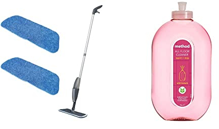 Addis Essentials Microfibre Spray Flat Mop with 2x Spare Replacement refills heads, Grey & Light Blue, One Size & Method Floor Cleaner, Wild Rhubarb, 739 ml