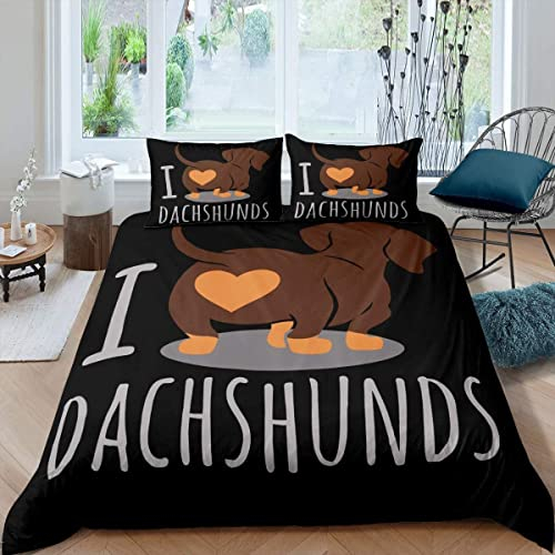 Dackel Hund Bettwäsche 135x200 Jungen Hündchen Bettbezug Cartoon Tier Bettwäsche Set Weiner Hund Kinder Teenager Kleinkind Trösterbezug Niedlicher Dackel Hund Schlafzimmer Bettwäsche Schwarz Braun
