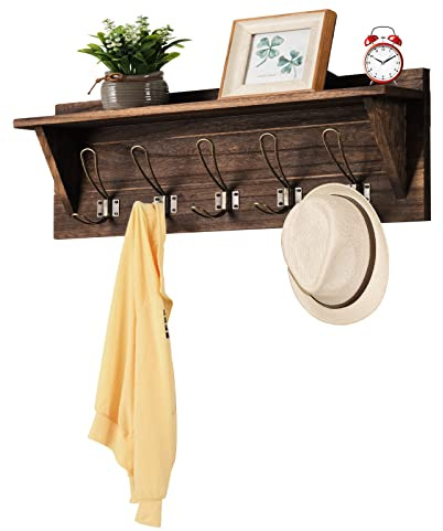 GIANTEX Porte-Manteau Mural avec Etagère de Rangement, Patères avec Étagère en Bois, 5 Crochets, 61 cm, Style Industriel, pour Entrée, Couloir, Salle de Bains, Salon (Marron)