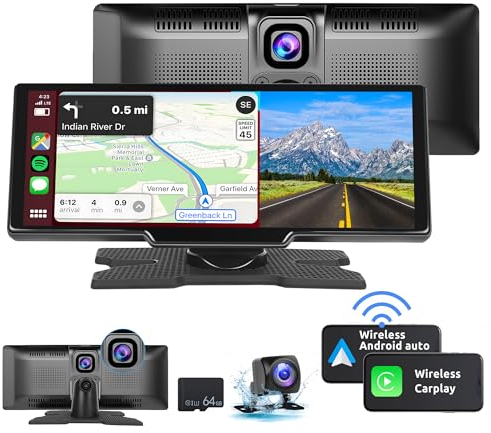 Podofo Tragbar Wireless Carplay Bildschirm mit 2K Dashcam Vorne und HD Rückfahrkamera, 9,3-Zoll Drahtlosem Car Play Android Auto Touch Screen Display mit Bluetooth/GPS/Siri/FM/AUX/64G TF Karte